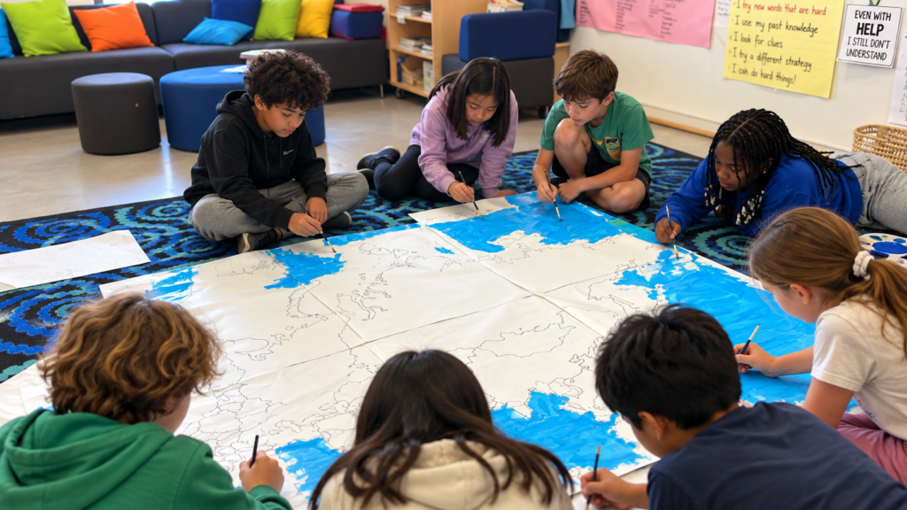 Students collaborating on a large classroom map during a group learning activity