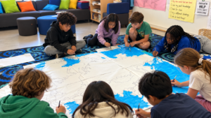 Students collaborating on a large classroom map during a group learning activity