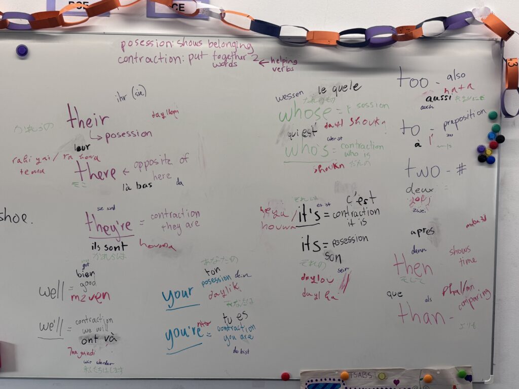 Whiteboard displaying English words and grammar concepts with student-added translations and notes in multiple languages.