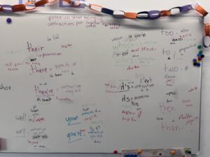 Whiteboard displaying English words and grammar concepts with student-added translations and notes in multiple languages.