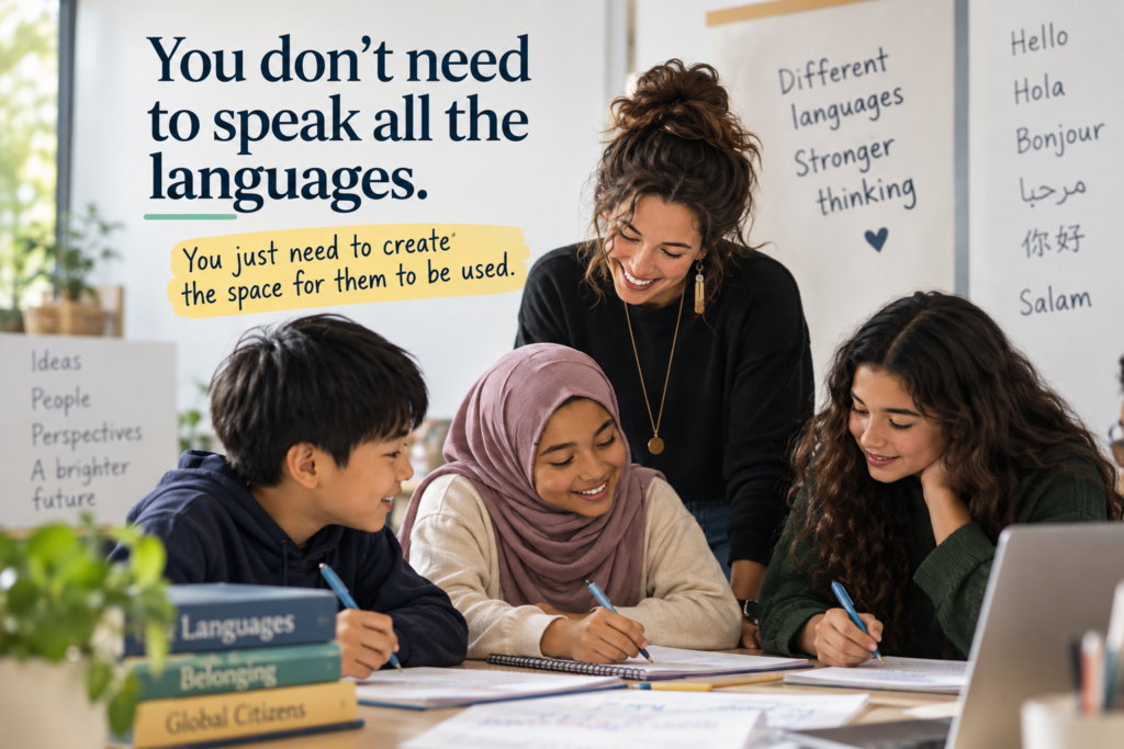 Teacher and multilingual students discussing ideas in different languages in a classroom