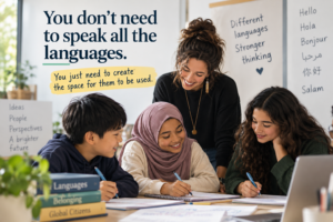 Teacher and multilingual students discussing ideas in different languages in a classroom