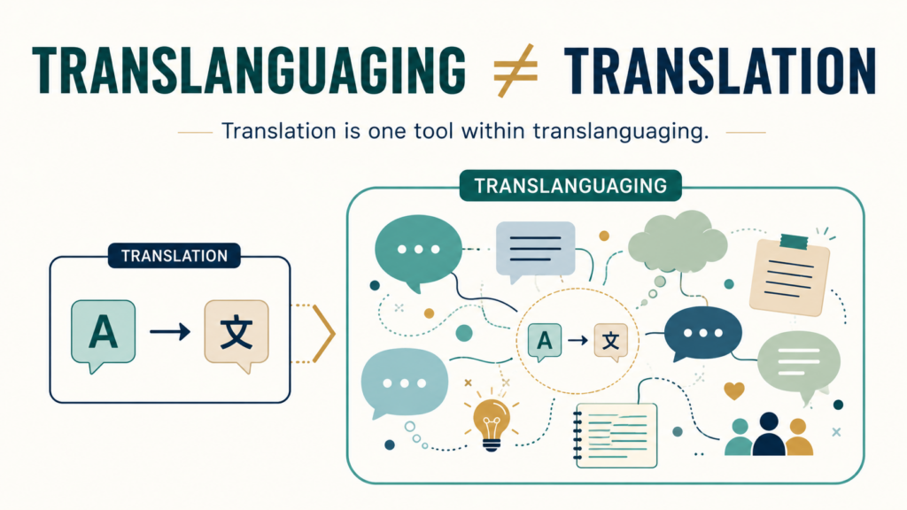 Infographic showing that translanguaging is not the same as translation and that translation is one tool within a broader multilingual learning process