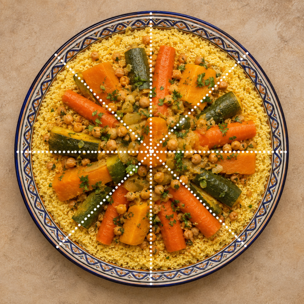 Moroccan couscous divided into sections to illustrate fractions and parts of a whole