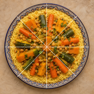 Moroccan couscous divided into sections to illustrate fractions and parts of a whole
