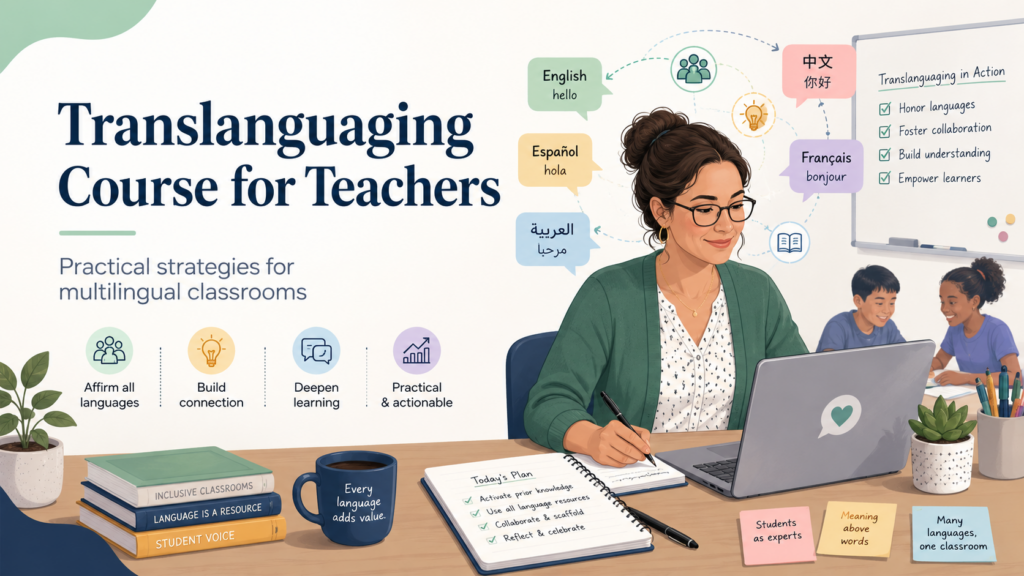 Translanguaging course for teachers graphic showing practical strategies for multilingual classrooms