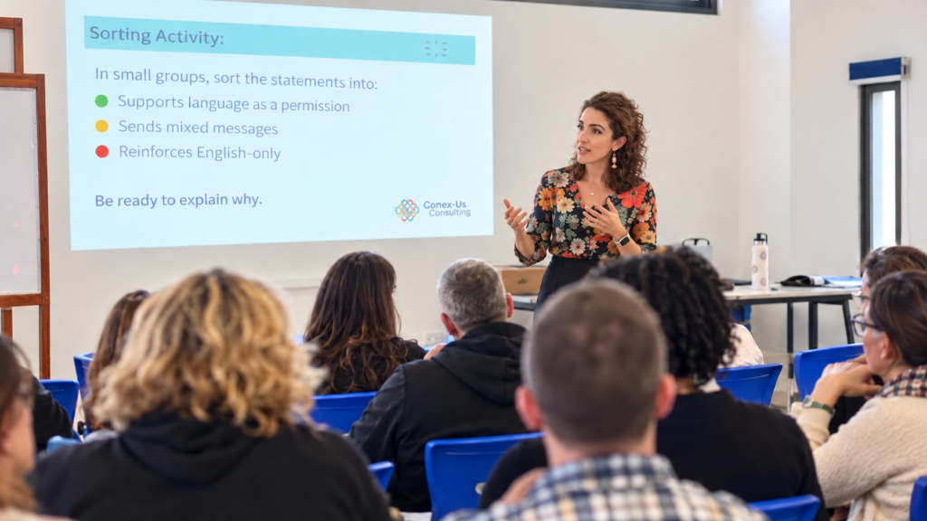 Trainer leading a professional development workshop on translanguaging and language inclusion for teachers