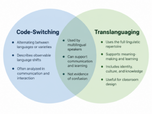 Venn diagram comparing code-switching and translanguaging, showing their differences and shared features in multilingual communication.